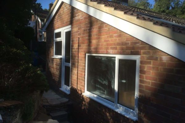 Extension exterior view of door, window and roof work